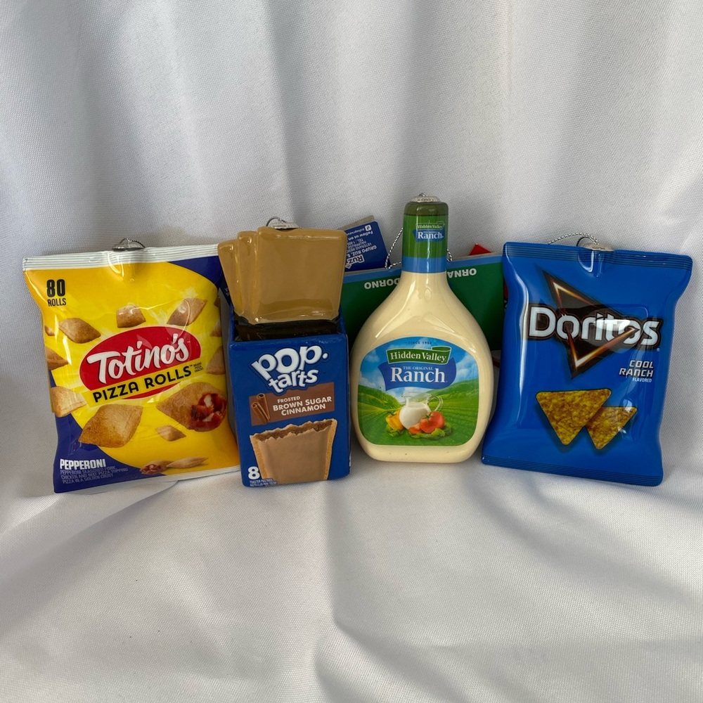 4 Christmas ornaments novelty food ranch, pop tarts, Doritos, pizza rolls